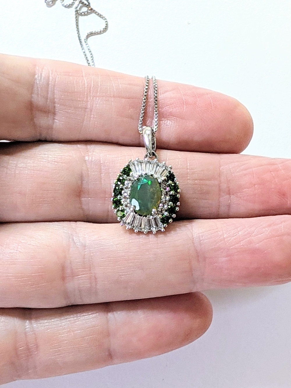 Sterling Silver Green Demantoid Garnet Emerald White Sapphire Pendant Necklace